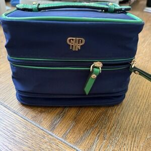 PurseN  Weekender Jewelry Case Navy Blue/Green Piping Expandable Satin